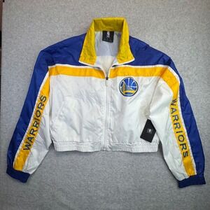 NBA Golden State Warriors Womens Cropped Windbreaker Jacket Large White Blue NWT
